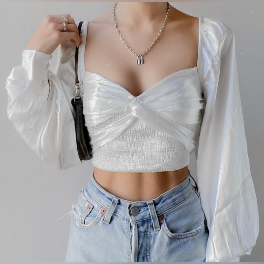 Urban Outfitters Satin Smocked Tie Back Balloon Sleeve Holiday Blouse Size M